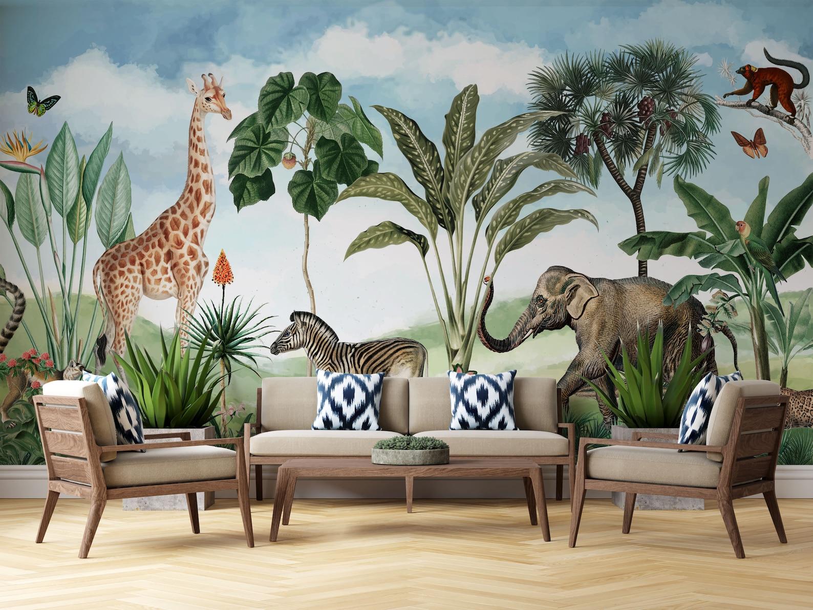 1588 x 1191 · jpeg - Kids Wallpaper Safari Jungle Animals Wall Mural Giraffe | Etsy