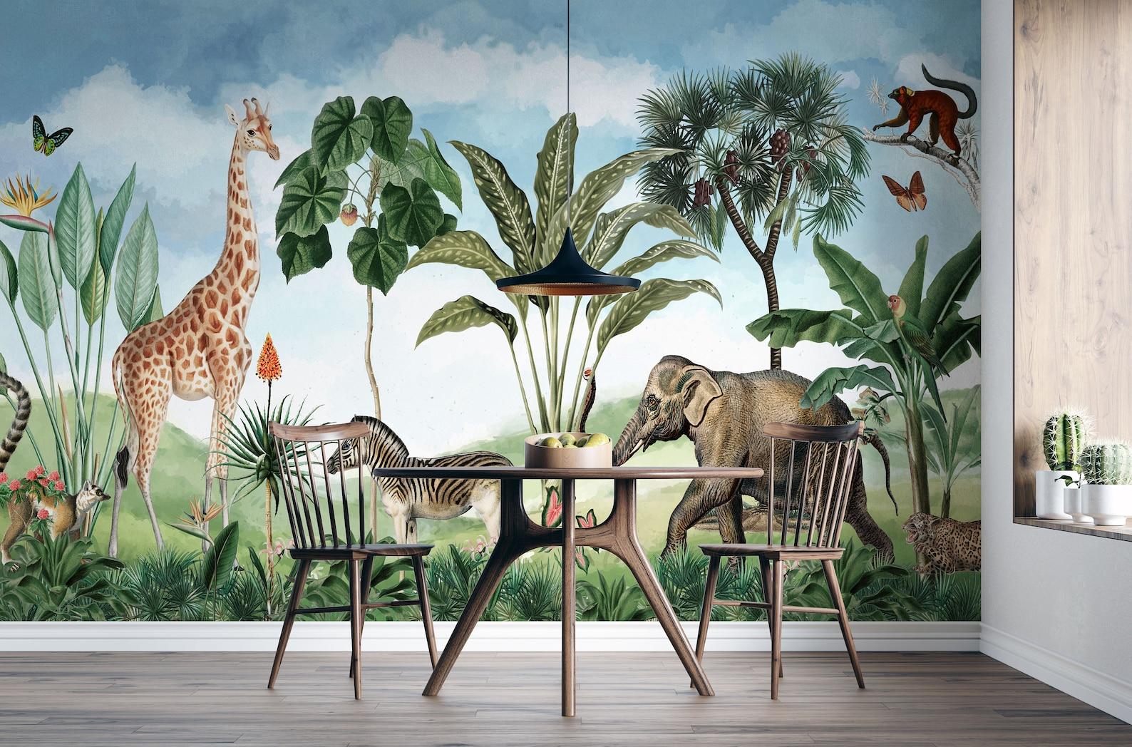 1588 x 1048 · jpeg - Kids Wallpaper Safari Jungle Animals Wall Mural Giraffe | Etsy
