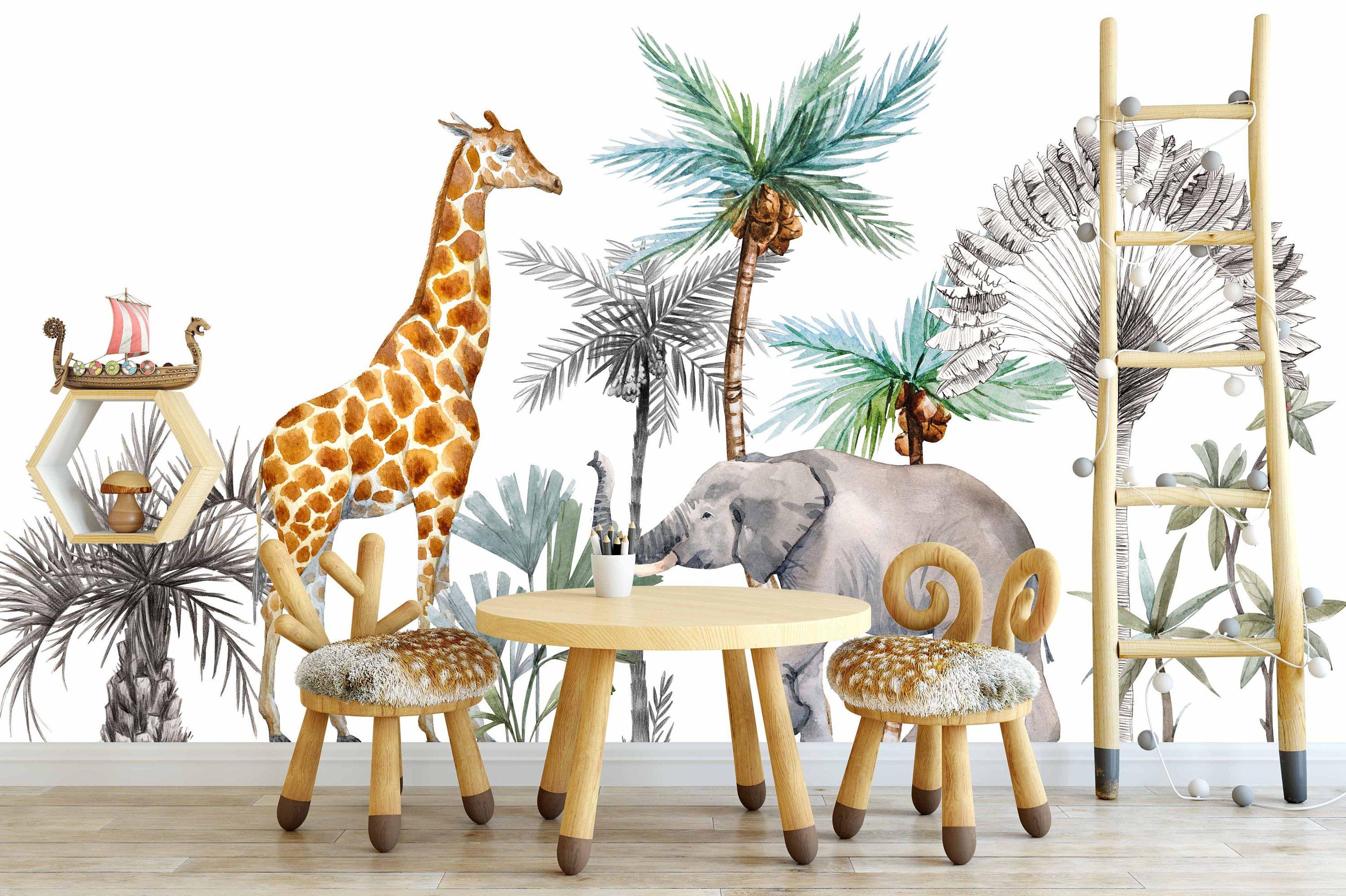 3000 x 1997 · jpeg - Giraffe Elephant Gray and Green Plam Trees Background Wallpaper Animals ...