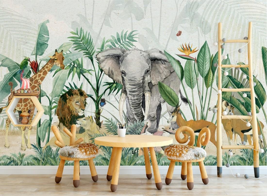 1100 x 810 · jpeg - Kids Tropical Safari Animals with Green Leafs Wallpaper Mural ...