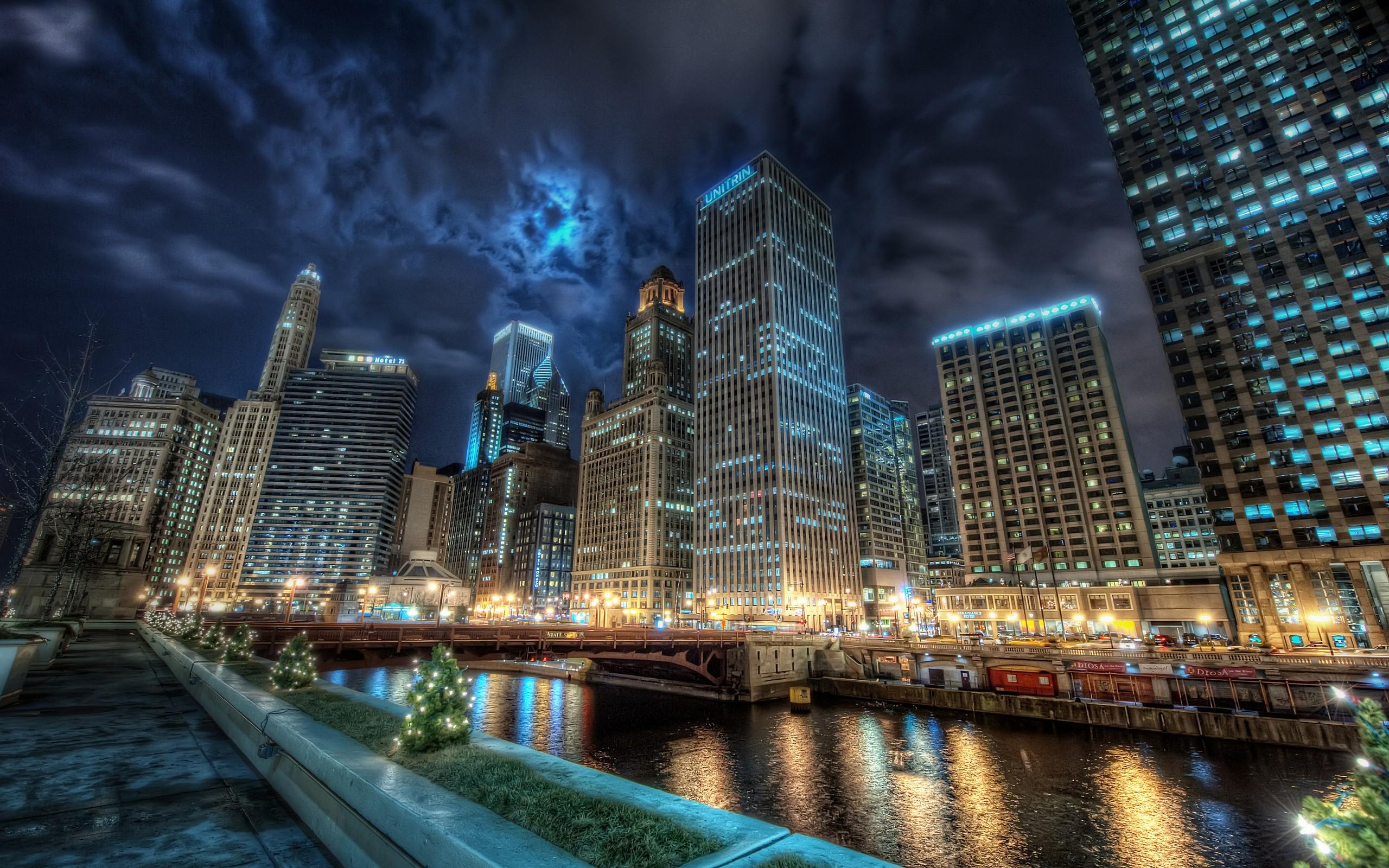 2560 x 1600 · jpeg - Chicago, City, Night, Lights, HDR, Building, River, Clouds Wallpapers ...