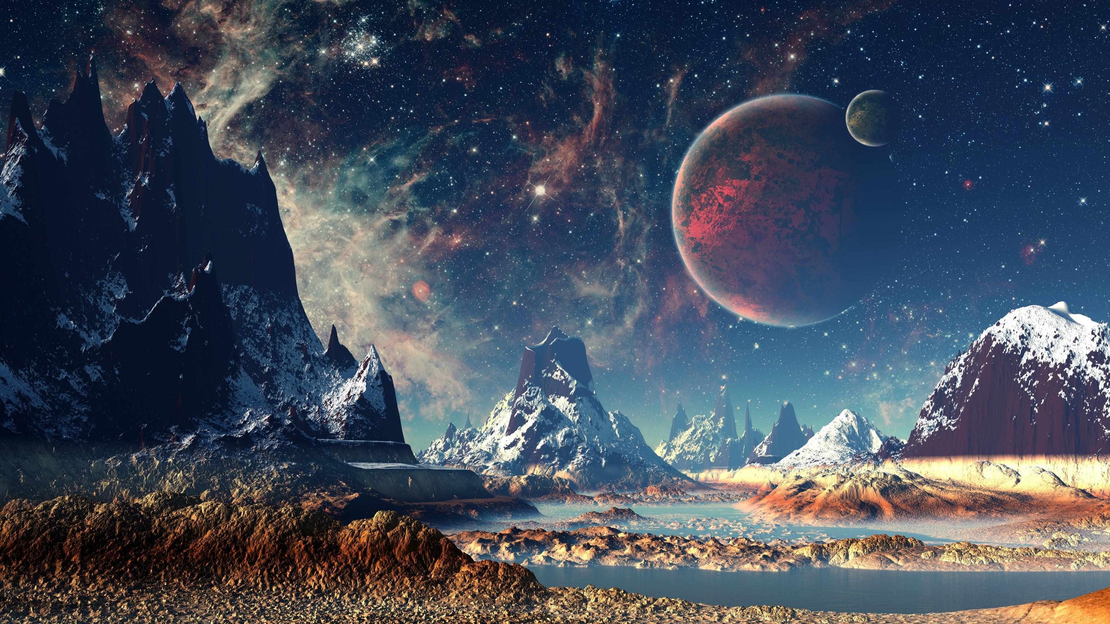 3840 x 2160 · jpeg - Mountains Stars Space Planets Digital Art Artwork 4k, HD Artist, 4k ...