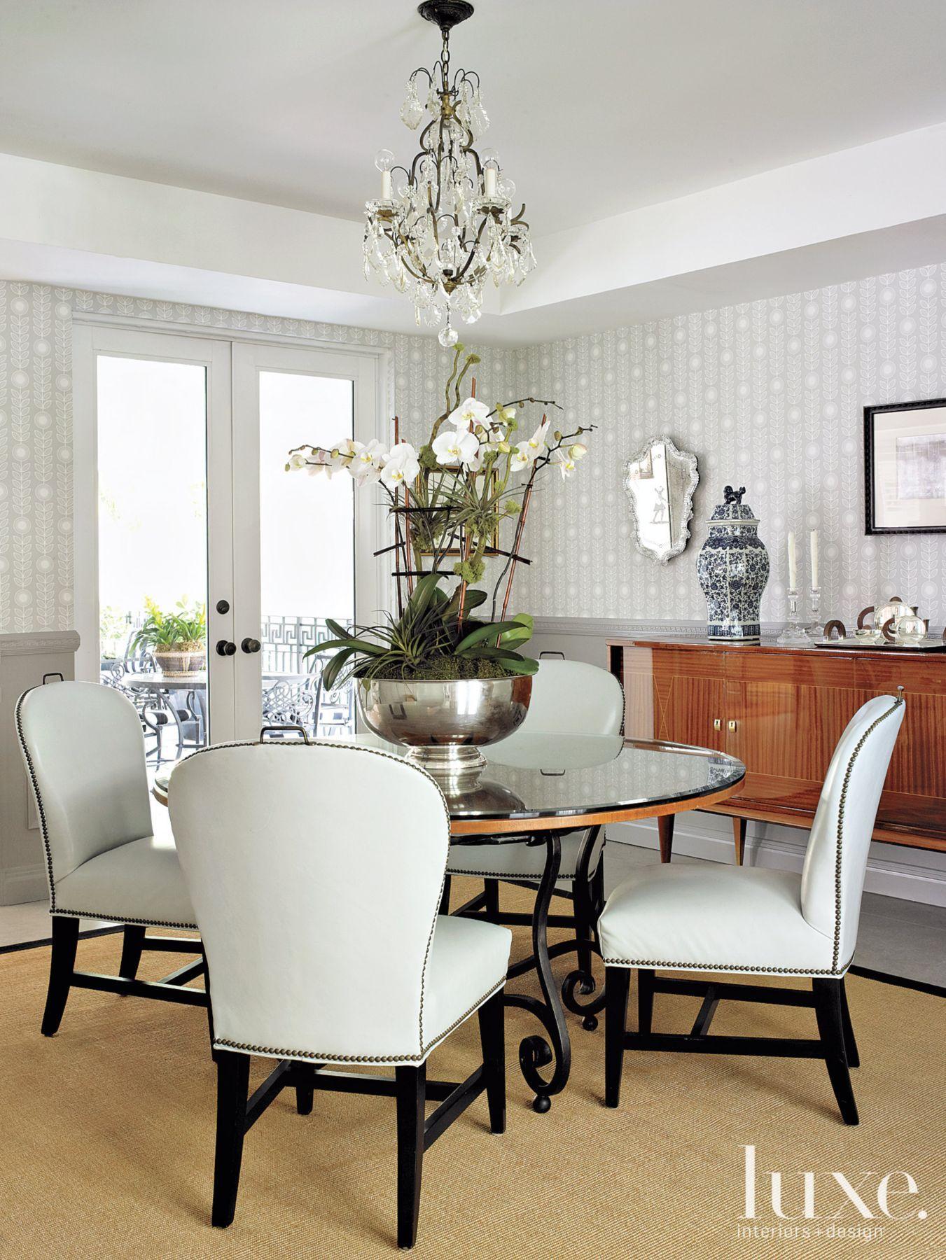 1351 x 1800 · jpeg - Contemporary White Dining Room with Striped Wallpaper | Dining room ...