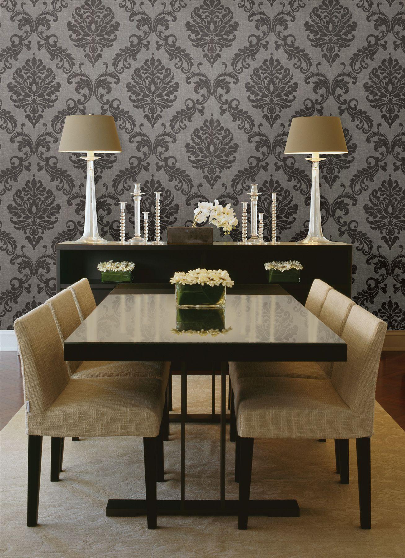 1307 x 1800 · jpeg - Gorgeous formal dining room decor idea with a damask wallpaper feature ...