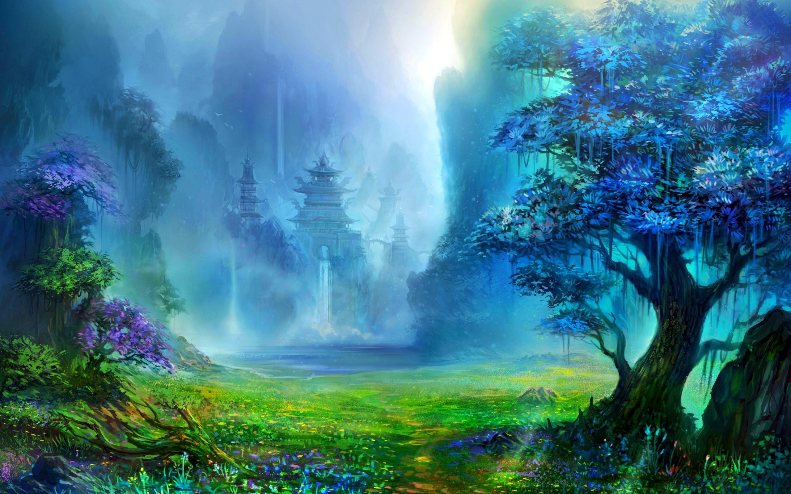 2560 x 1600 · jpeg - fantasy Art, Pagoda, Asian Architecture, Trees, Waterfall, Artwork ...