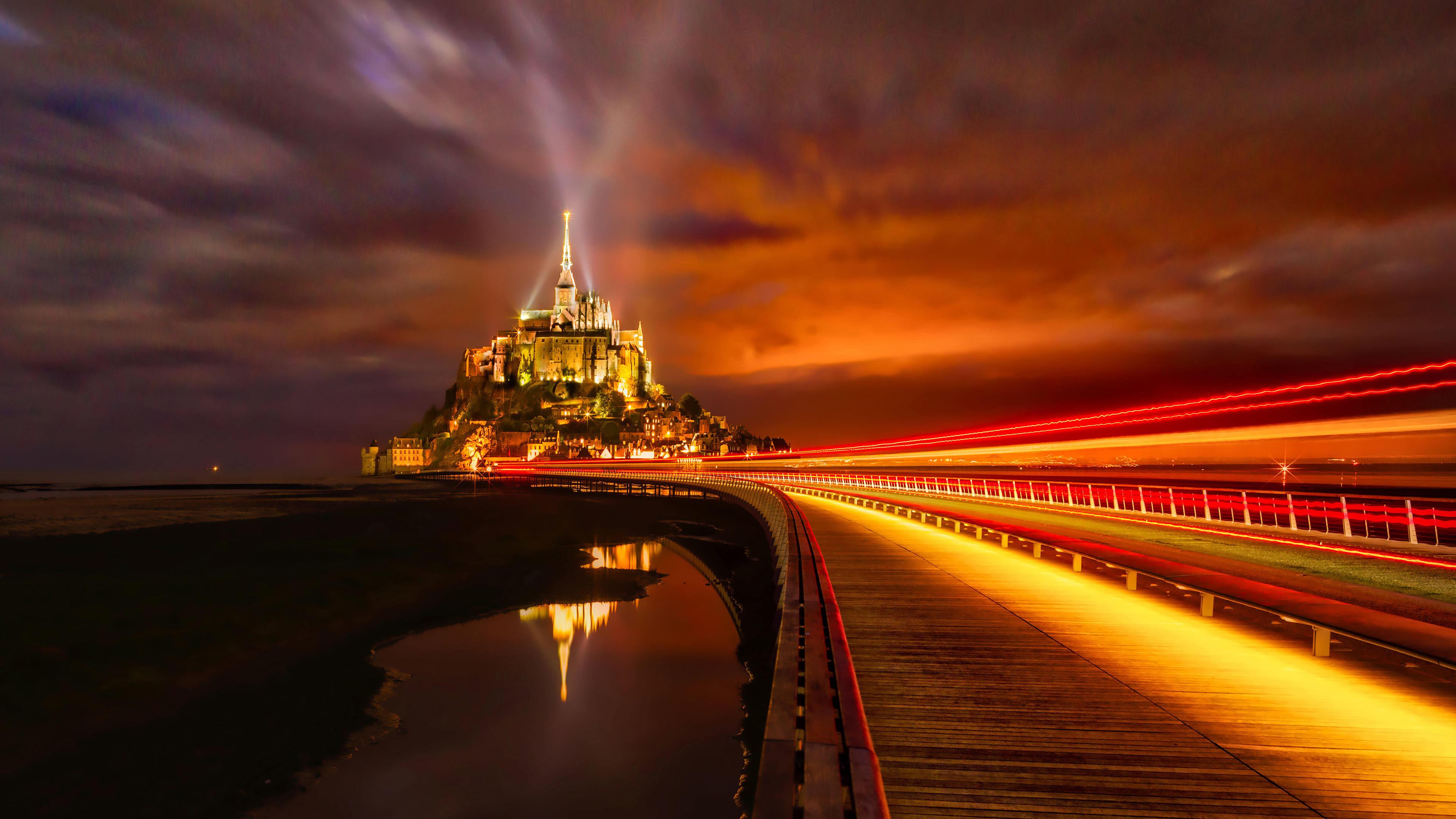 3840 x 2160 · jpeg - Mont Saint-Michel Island Night Lights Normandy France UHD 4K Wallpaper ...