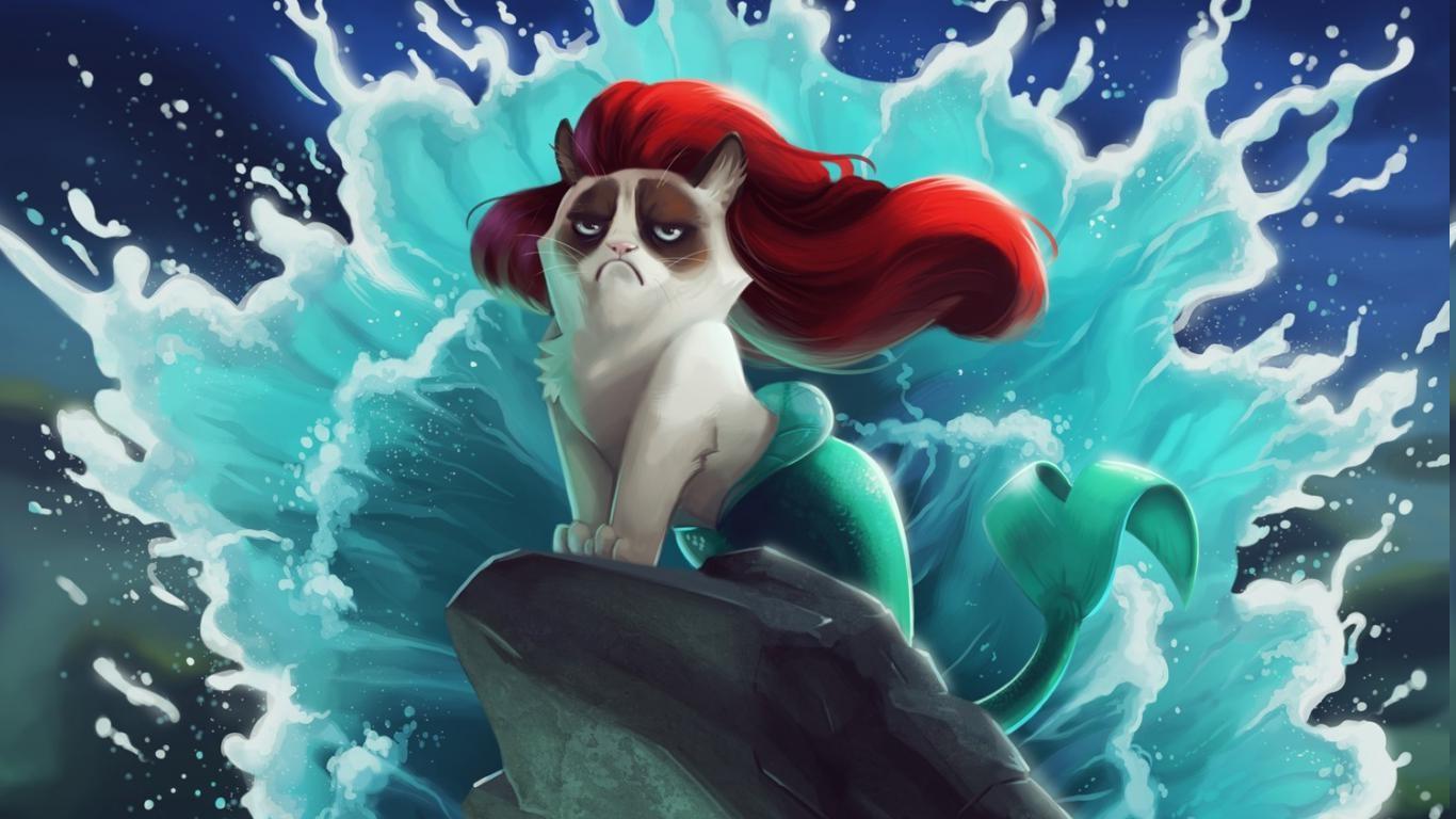 1366 x 768 · jpeg - cat, Grumpy Cat, The Little Mermaid, Disney, Humor Wallpapers HD ...