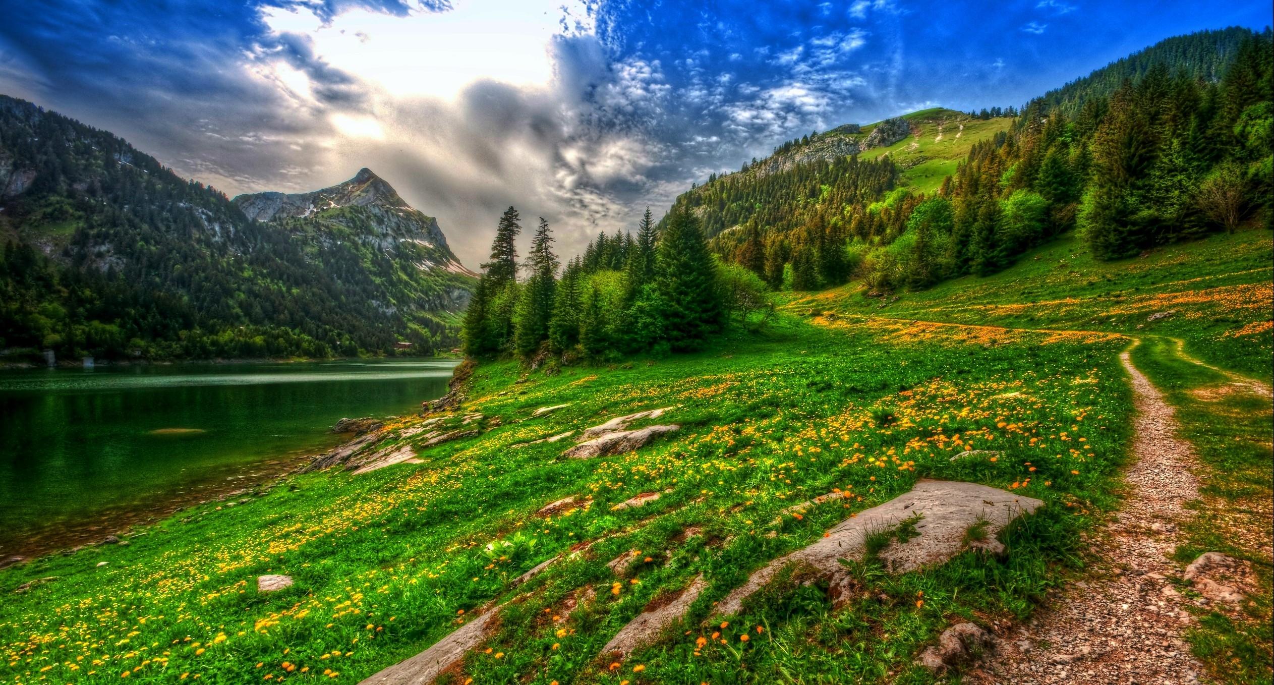 2526 x 1358 · jpeg - Green Mountain Landscape HD Wallpaper | Background Image | 2526x1358