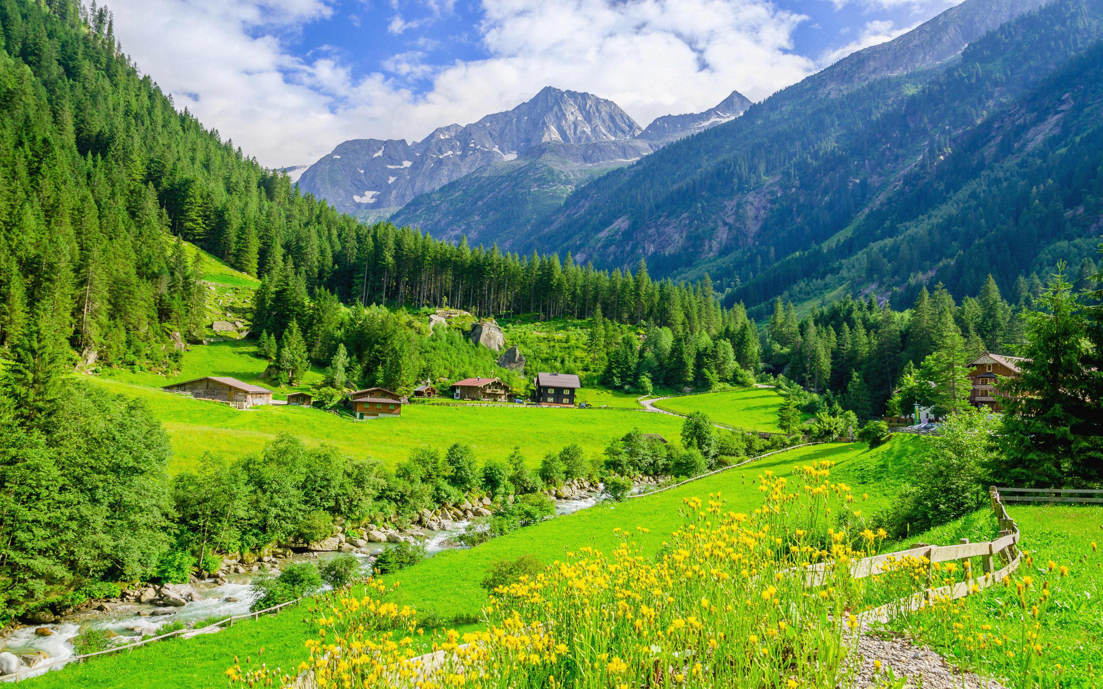 3840 x 2400 · jpeg - Alpine Green Landscape Green Meadows Mountain River Peaks Alpes Austria ...