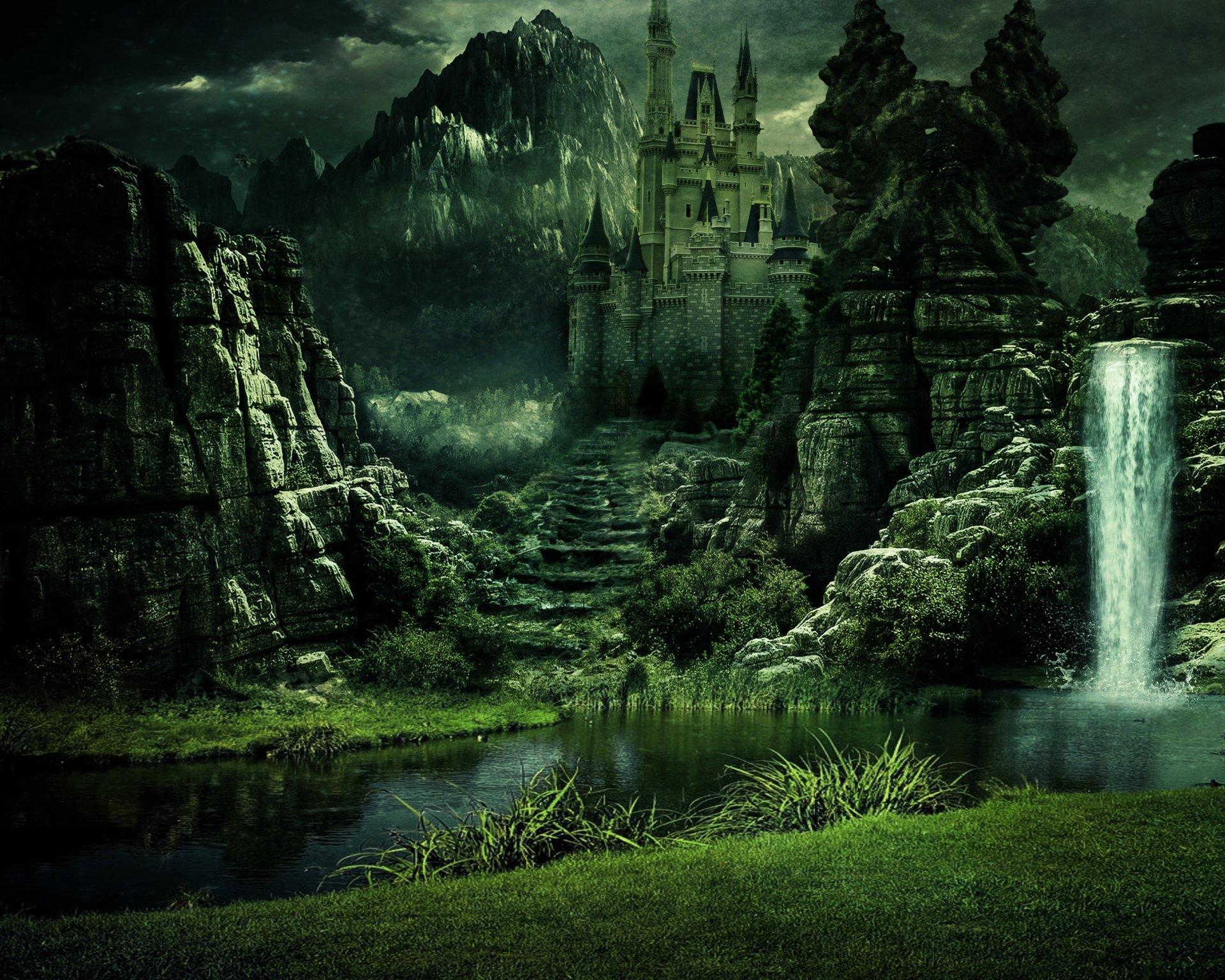1920 x 1536 · jpeg - Fantasy Castle with Waterfall HD Wallpaper | Background Image ...