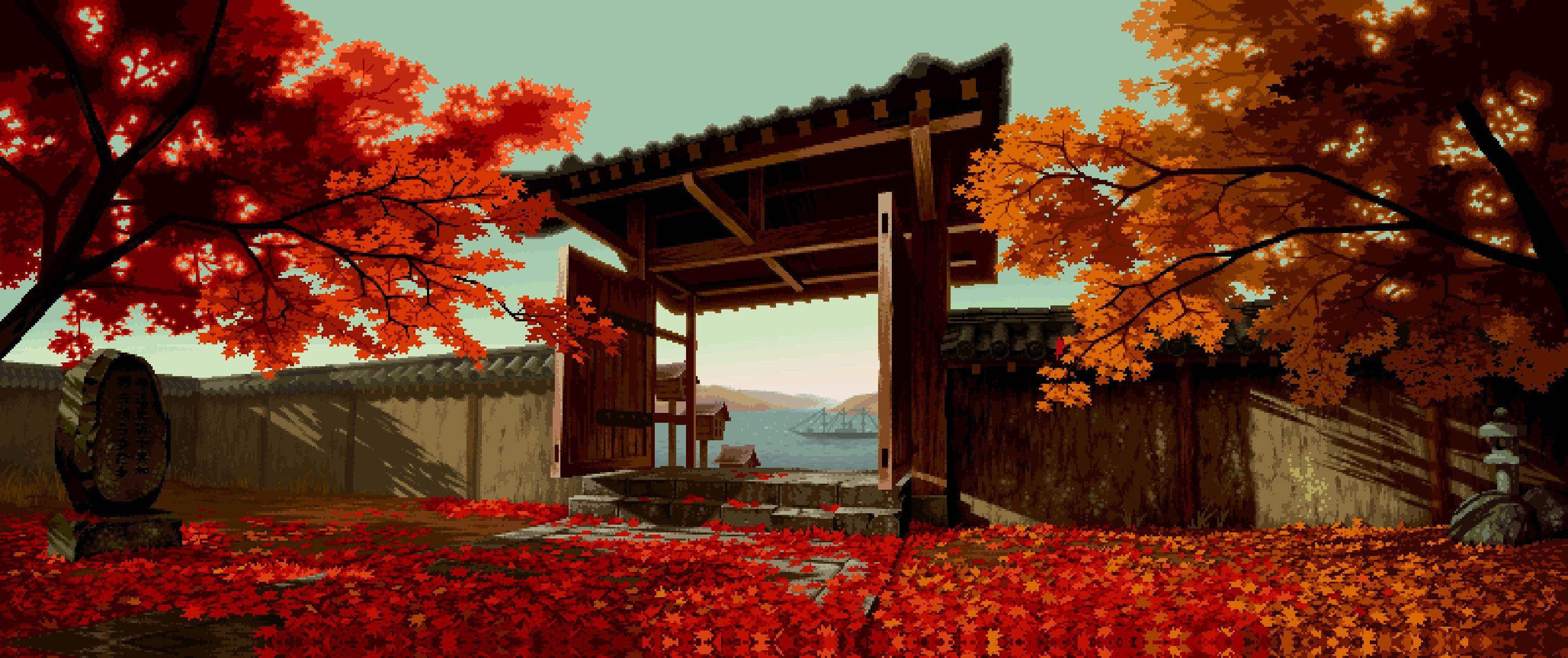 2857 x 1200 · jpeg - anime scenery fall wallpaper | Pixel art, Game background, Fighting games
