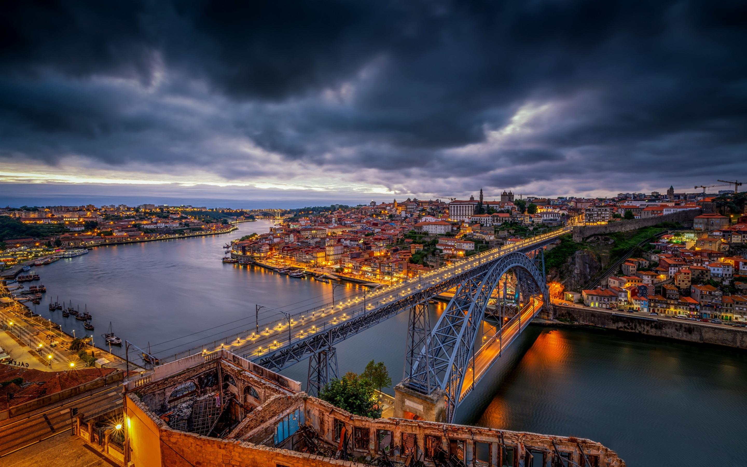 2880 x 1800 · jpeg - Wallpaper Portugal, Porto, bridge, river, city, night, lights 2880x1800 ...