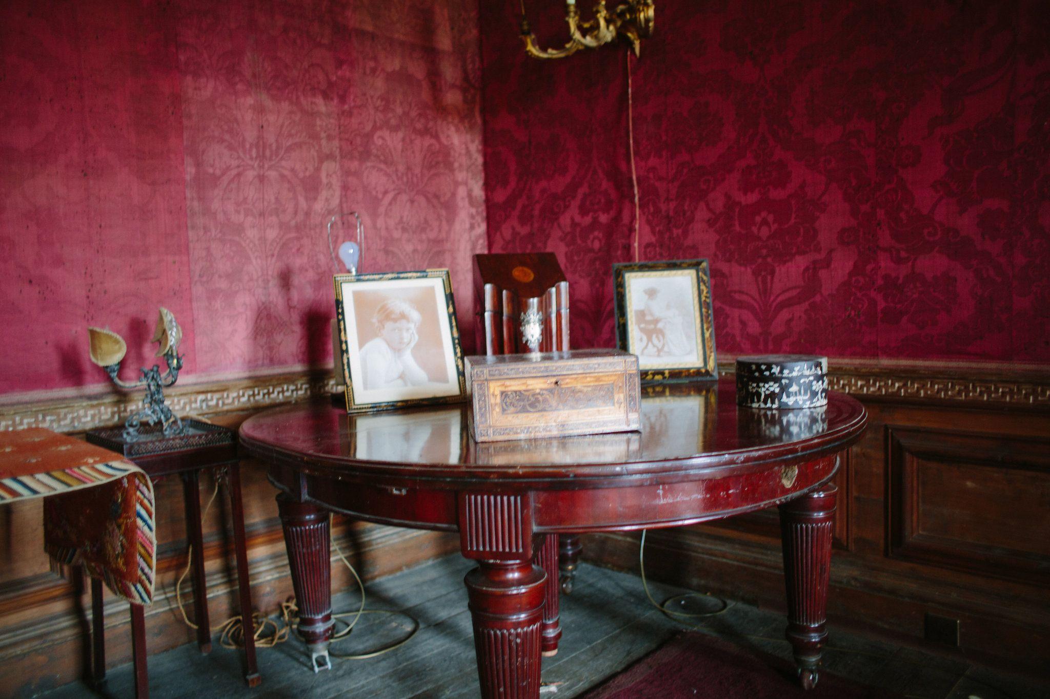 2048 x 1365 · jpeg - Red room, silk wallpaper, photographs on table at www.westhorsleyplace ...