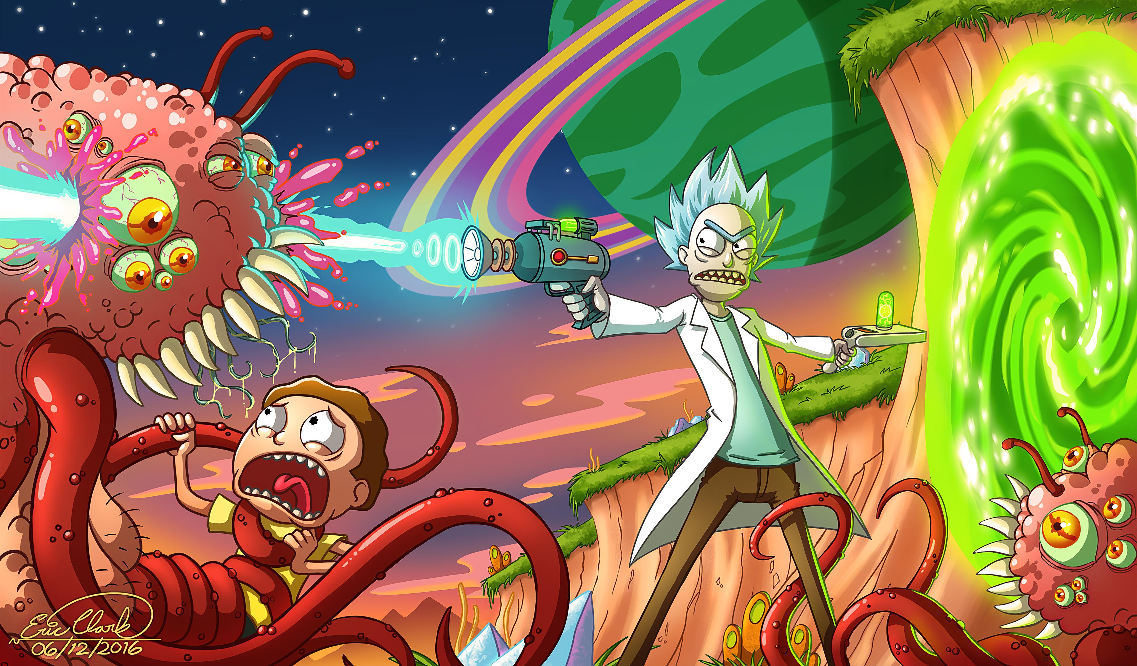 3840 x 2249 · jpeg - Rick blasting an alien that is about to eat Morty 4k Ultra HD Wallpaper ...