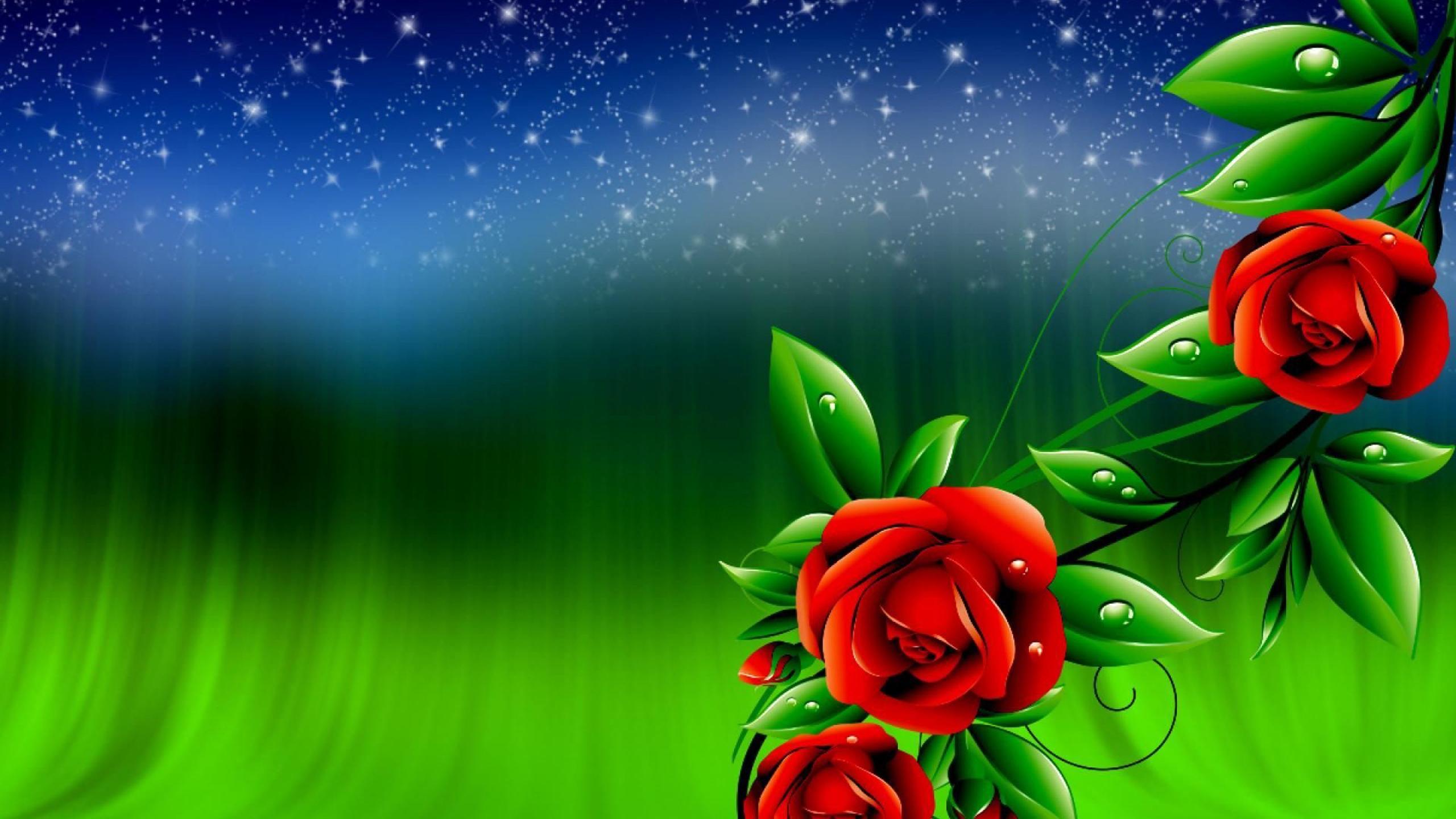 2560 x 1440 · jpeg - Red Roses And Green Leaves With Drops Of Water Sky With Stars ...
