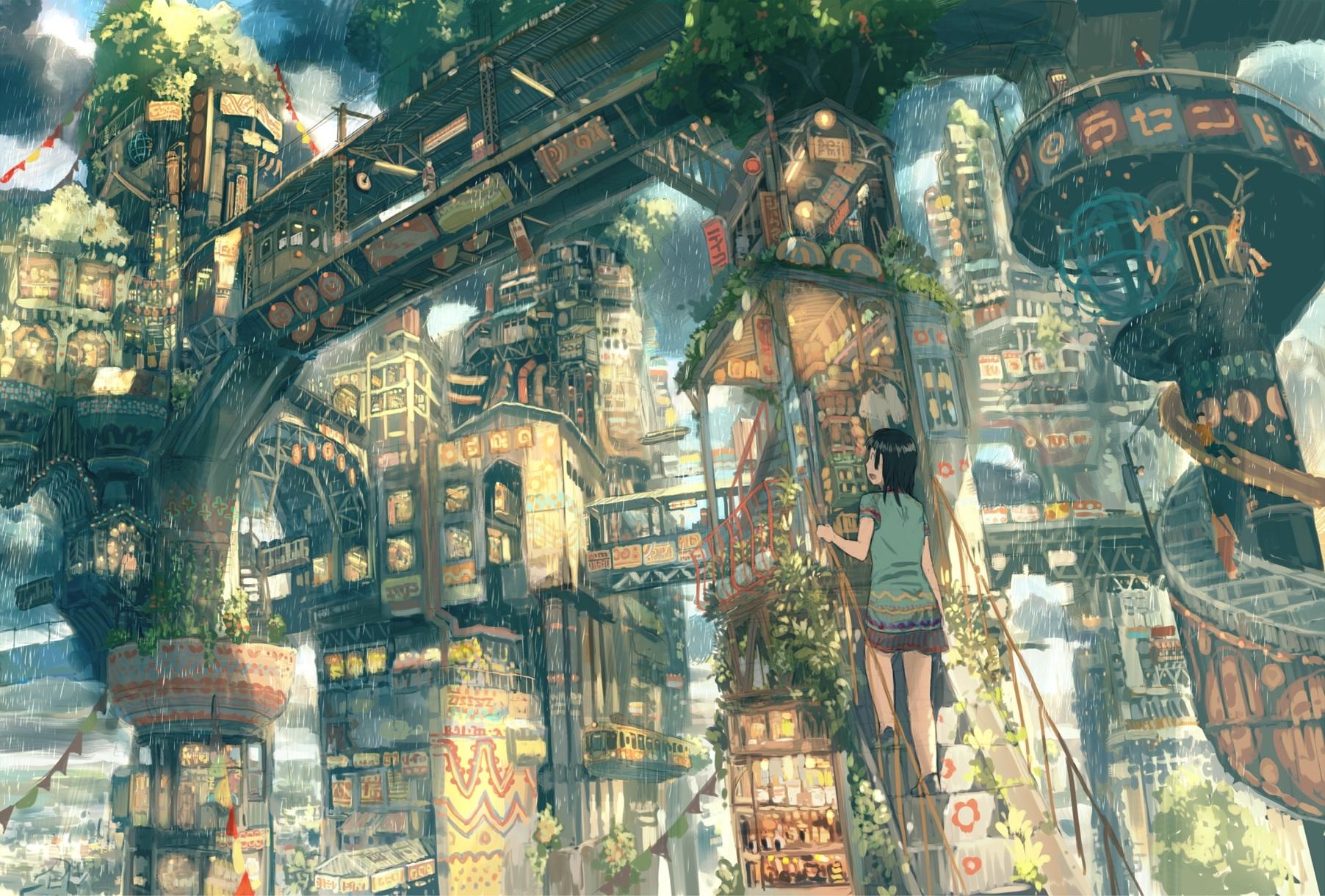 1804 x 1220 · jpeg - Download 1804x1220 Anime Steampunk City, Raining, People, Crowd ...