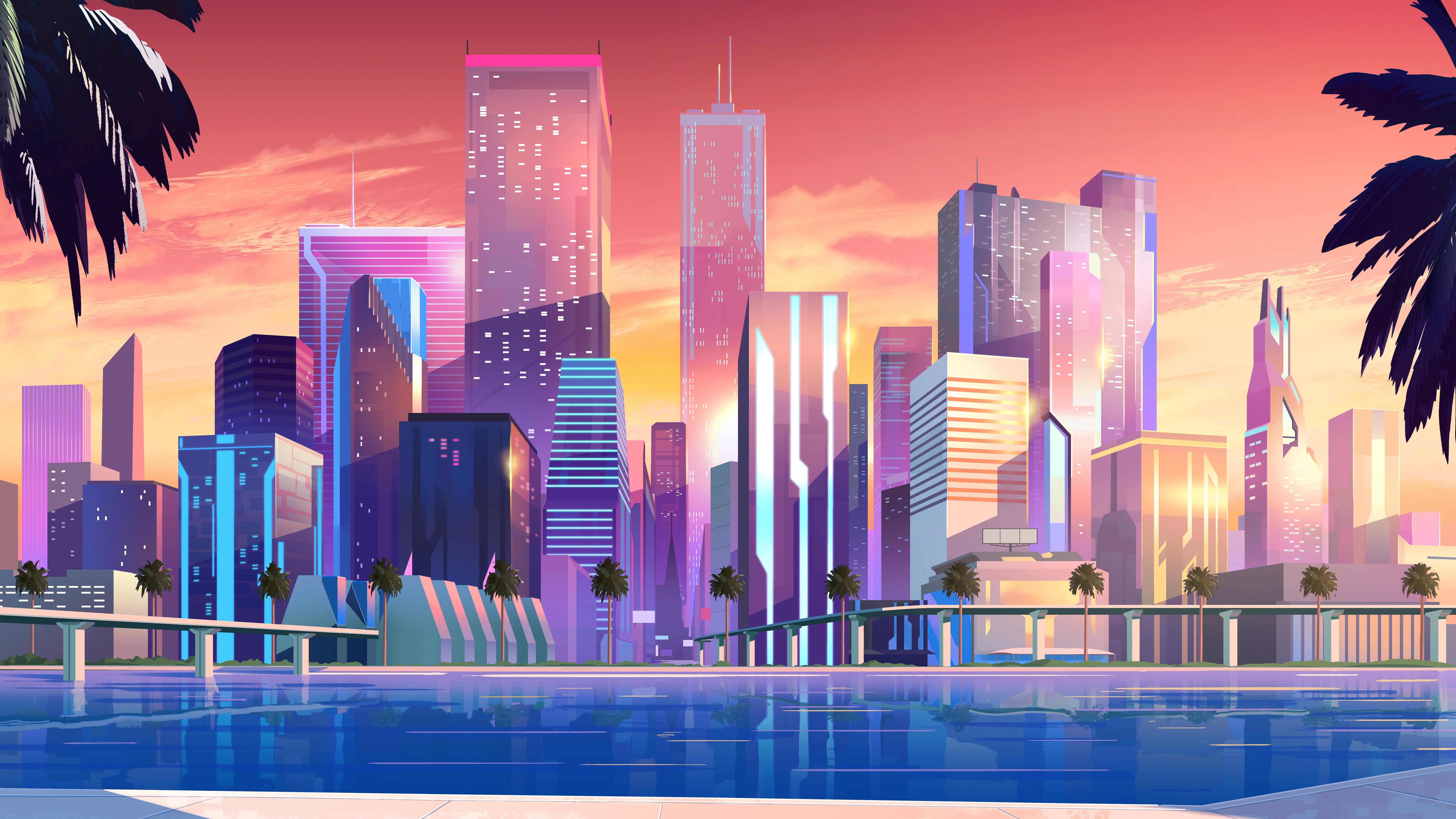 7680 x 4320 · jpeg - Synthwave vibrant cityscape wallpaper - backiee
