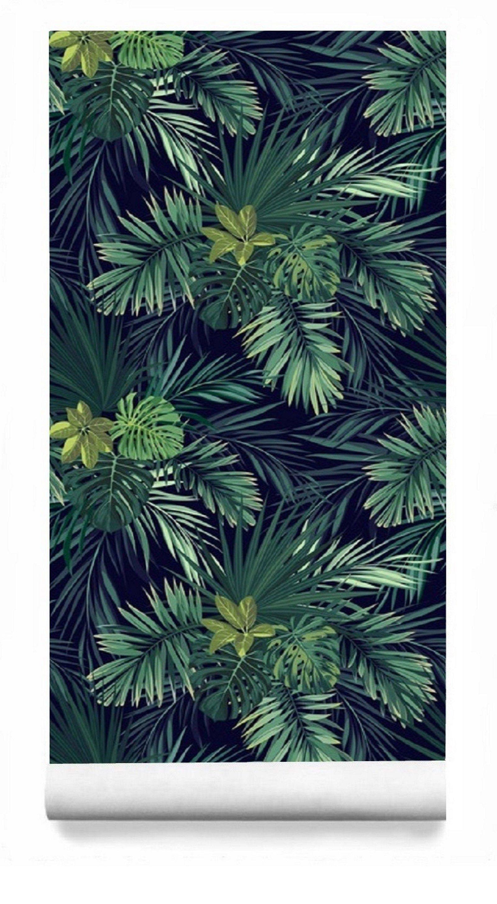 1600 x 2910 · jpeg - Tropical Palm Wallpaper, Dark Leaf Wall Mural Removable, Wallpaper Peel ...