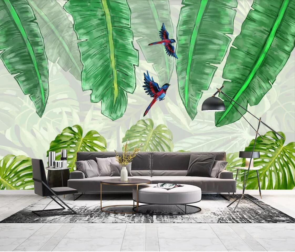 1122 x 959 · jpeg - Tropical Banana Leaf Wallpaper Nordic Rain Forest Bird Wall Mural Art ...
