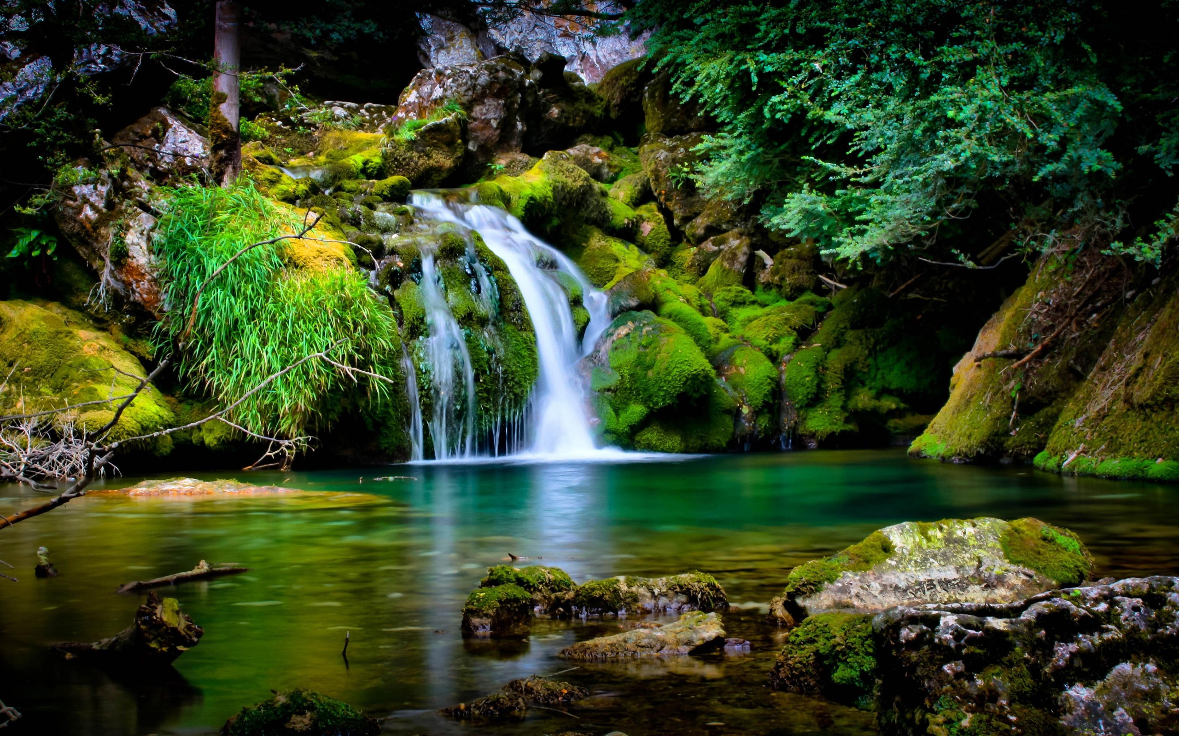 3840 x 2400 · jpeg - Landscape-beautiful nature-green tropical waterfall-rocks covered with ...