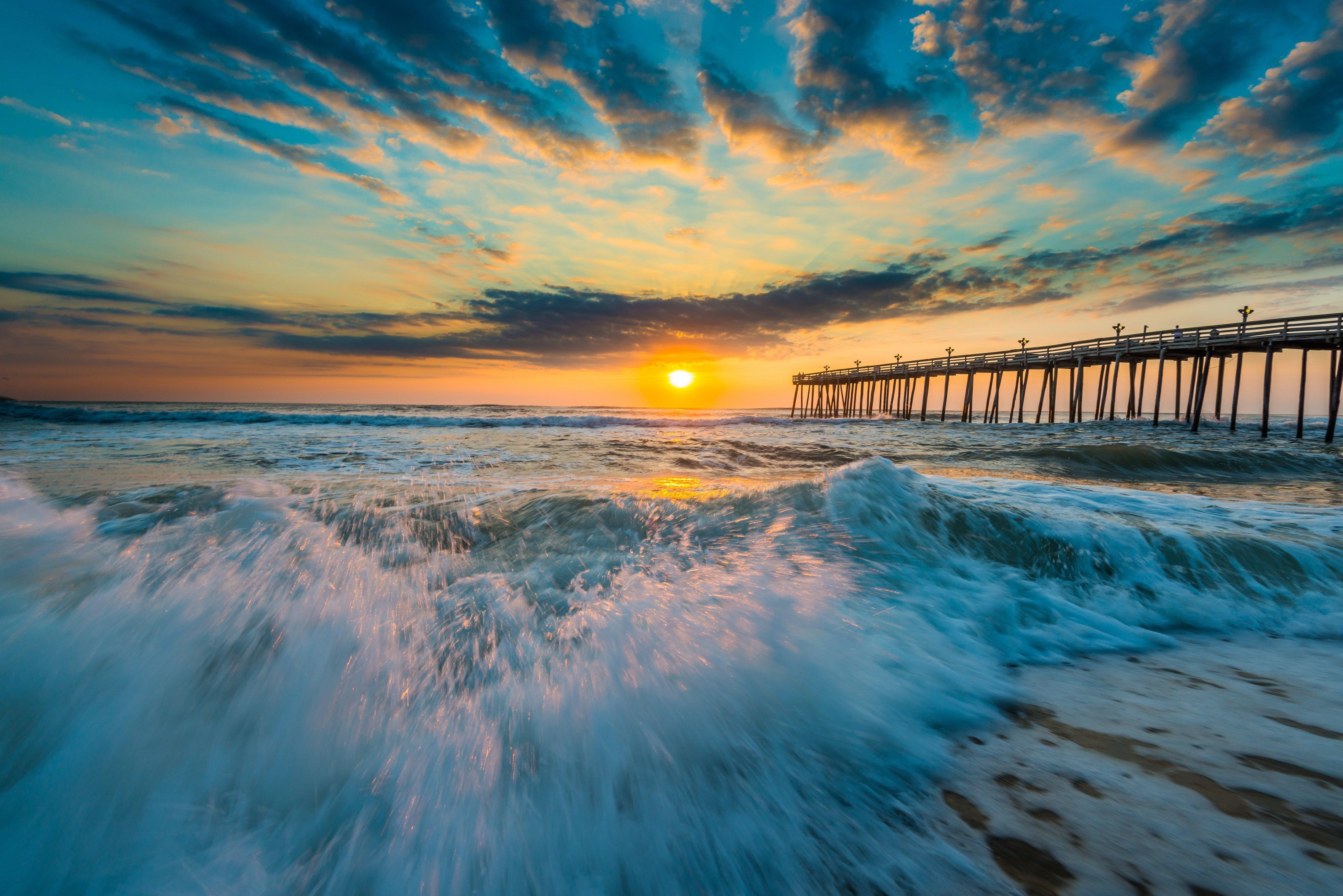 5000 x 3337 · jpeg - sunset, Bridge, Ocean, Wave Wallpapers HD / Desktop and Mobile Backgrounds