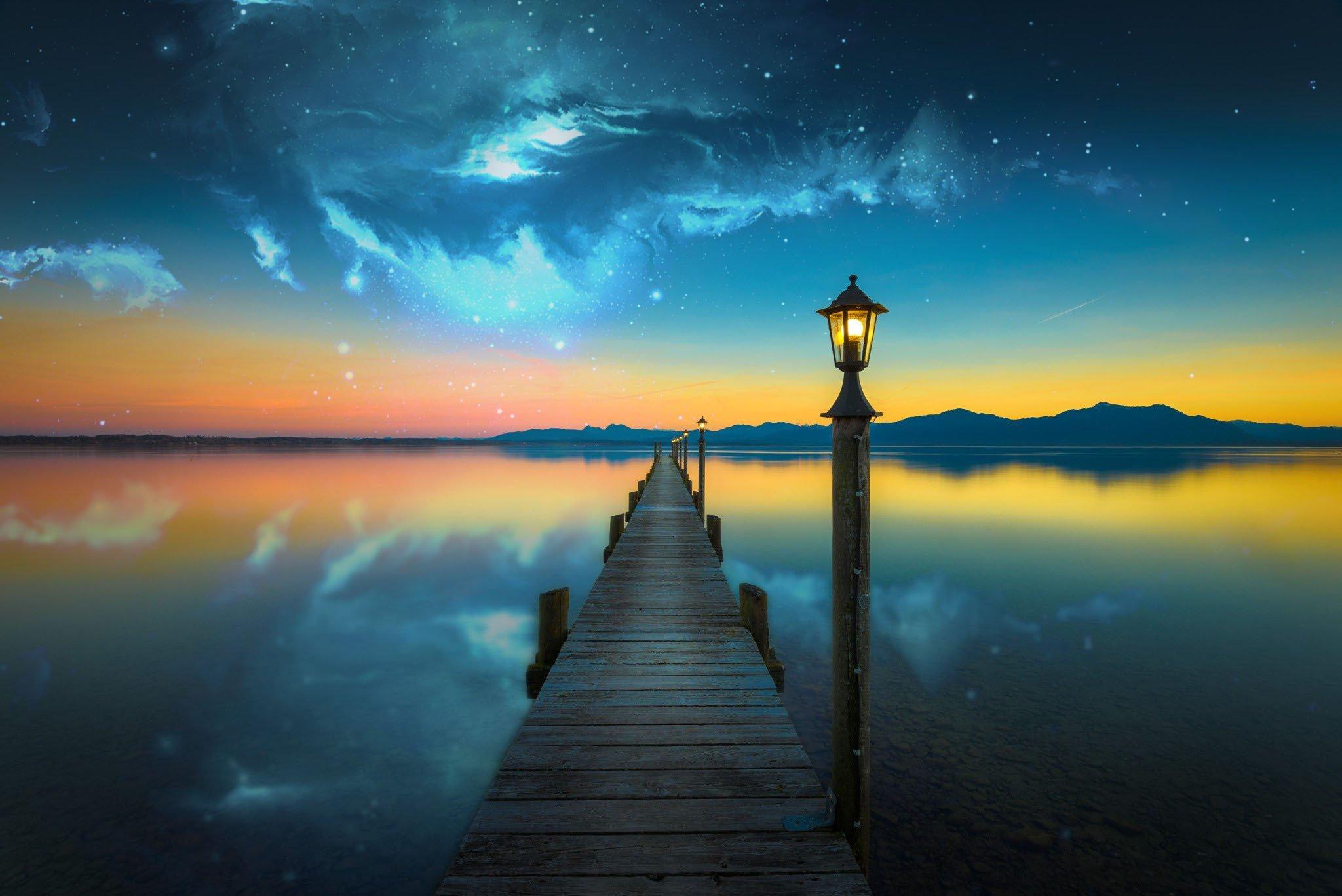 2048 x 1367 · jpeg - nebula, Space, Lake, Evening, Photo manipulation, Bridge, Water HD ...