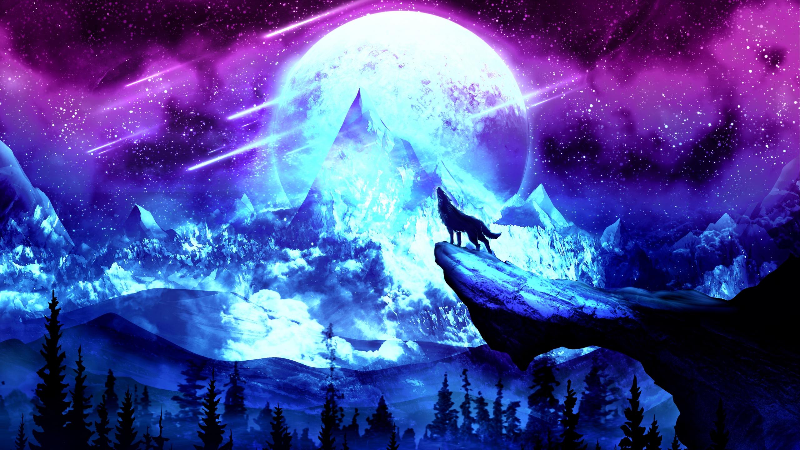 2560 x 1440 · jpeg - Wallpaper Wolf, Moon, Night, Mountains, Art - Background Wolf (#2855288 ...